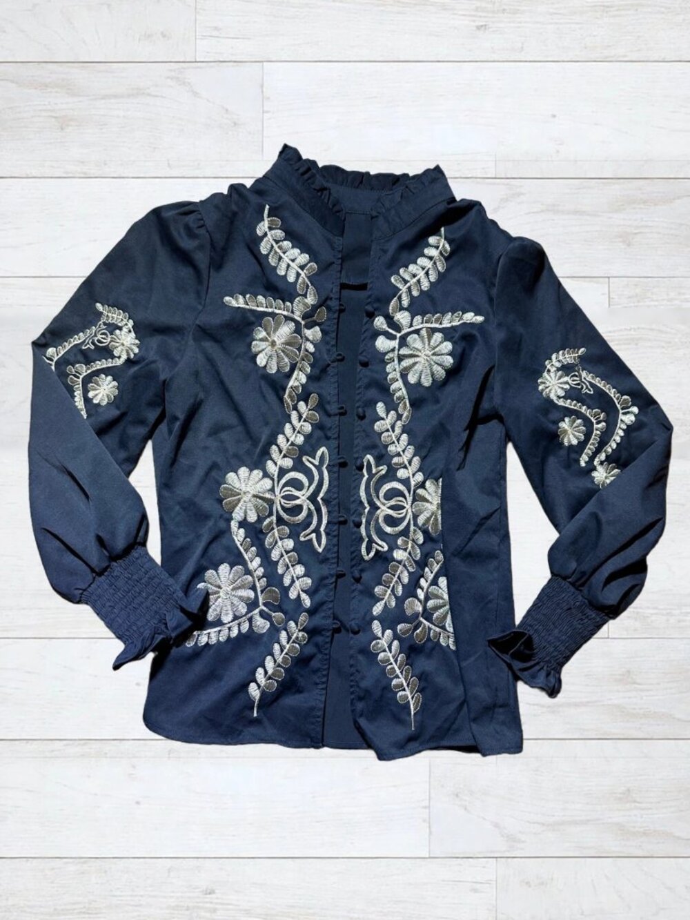 Navy Floral Embroidered Ruffle Blouse S/M